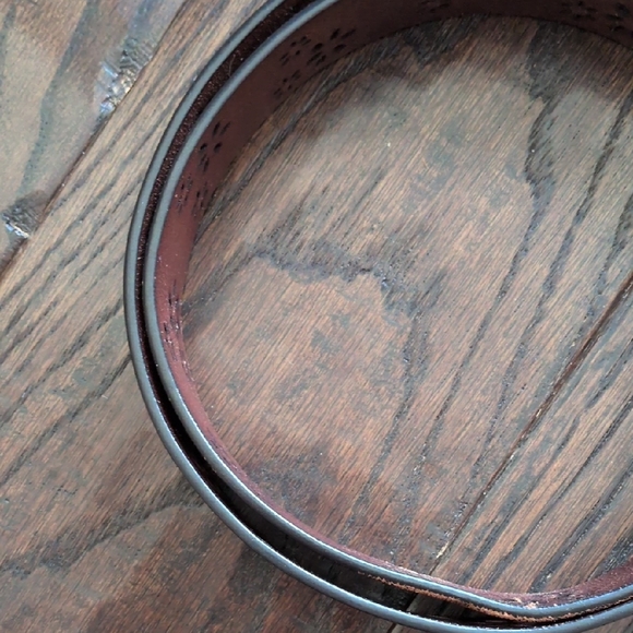 Floral Embossed Cut-Out Brown Genuine Leather Belt with Vintage Brass Buckle, S - Picture 13 of 15